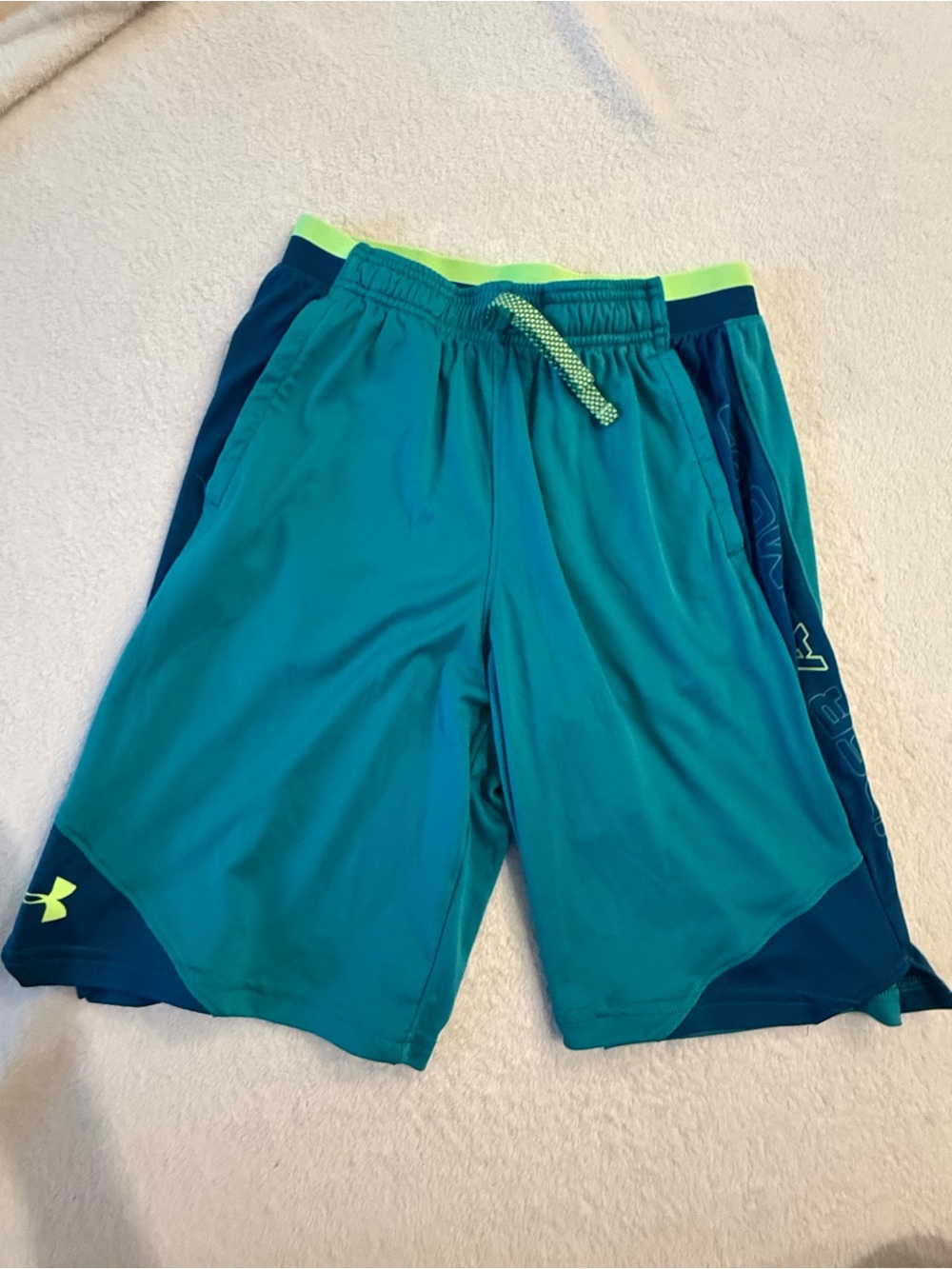 Under Armour Teal Athletic Shorts with Lime Waistband YXL